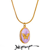 Yhpup Smalț roz fluture aurire pandantiv geometric guler din oțel inoxidabil la modă colier pentru femei coreeană șic bijuterii cadou