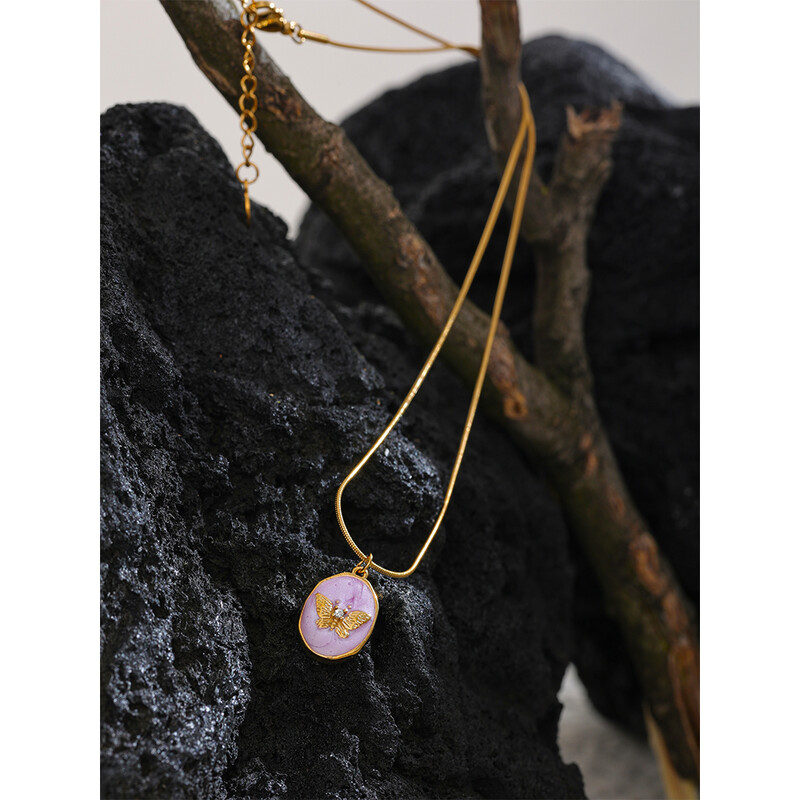 Yhpup Smalț roz fluture aurire pandantiv geometric guler din oțel inoxidabil la modă colier pentru femei coreeană șic bijuterii cadou