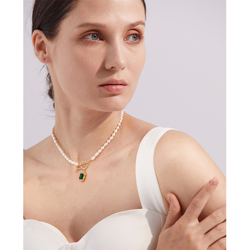 Yhpup prekrasan lančić od prirodnih slatkovodnih bisera od nehrđajućeg čelika, luksuzni kvadratni privjesak od kubičnog cirkonija, ogrlica s privjeskom, vodootporan