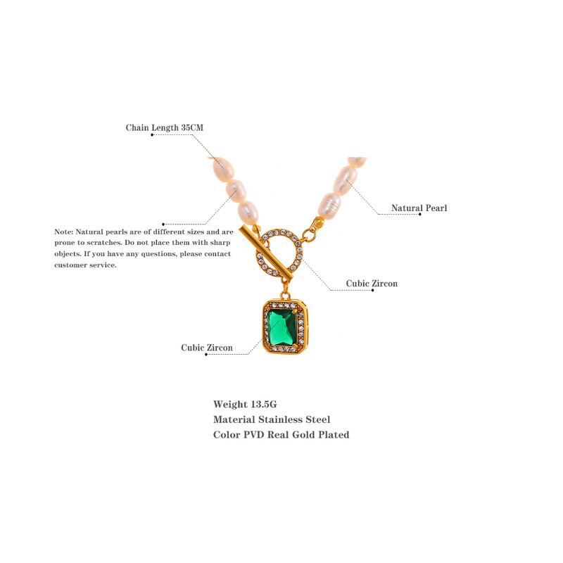 Yhpup prekrasan lančić od prirodnih slatkovodnih bisera od nehrđajućeg čelika, luksuzni kvadratni privjesak od kubičnog cirkonija, ogrlica s privjeskom, vodootporan