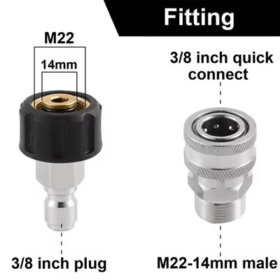 Adaptérová sada pre tlakový čistič Tool Daily, rýchlospojka M22 14 mm/15 mm na 3/8 palca, metrické spojky z nehrdzavejúcej ocele