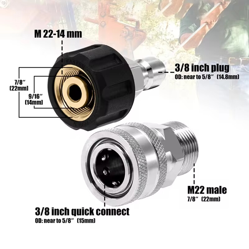 Adaptérová sada pre tlakový čistič Tool Daily, rýchlospojka M22 14 mm/15 mm na 3/8 palca, metrické spojky z nehrdzavejúcej ocele