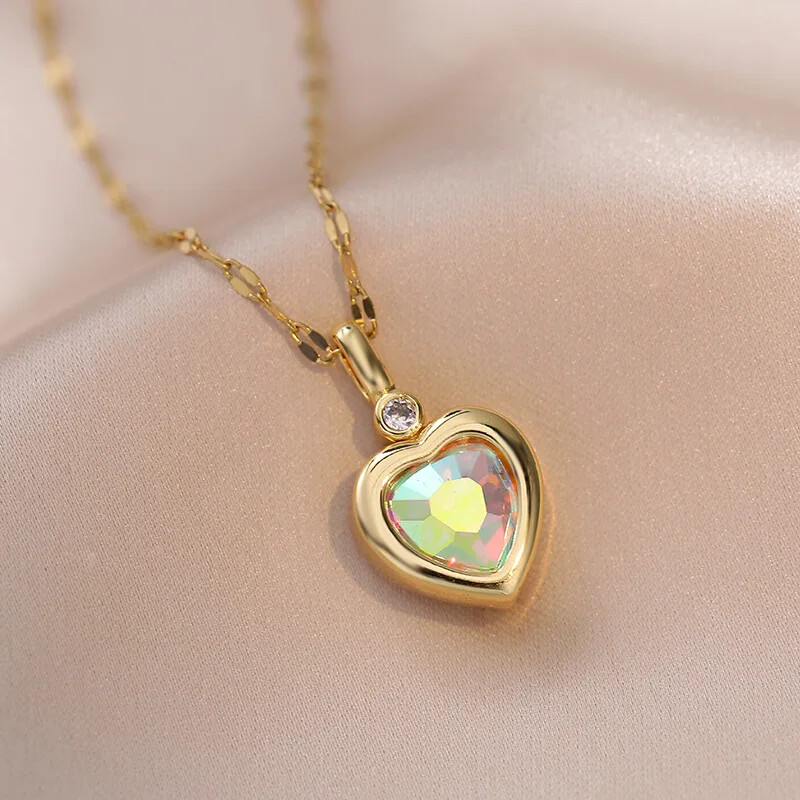 Colier cu pandantiv cu inimă de dragoste cu zircon colorat pentru femei, fete, din oțel inoxidabil, bijuterii romantice la modă, accesorii, cadouri