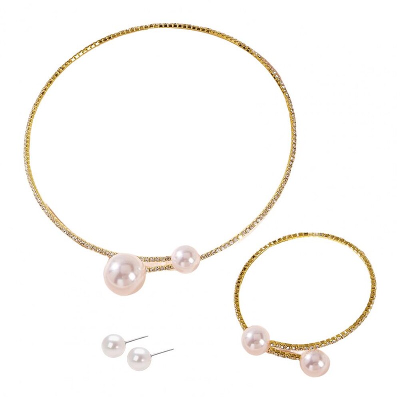 1 szett női ékszer szett műgyöngy polírozott kontraszt színű nyíló strassz test dekoráció állítható fülcsavar kulcscsont nyak