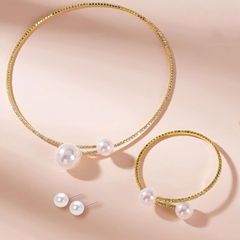 1 szett női ékszer szett műgyöngy polírozott kontraszt színű nyíló strassz test dekoráció állítható fülcsavar kulcscsont nyak
