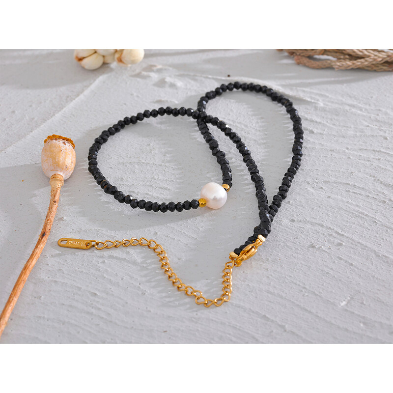 Yhpup fekete kristálygyöngyök lánc rozsdamentes acél természetes gyöngy nyaklánc nőknek kézzel készített kereskedelem divatos egyszerű ékszerek