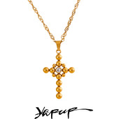 Yhpup Statement Στρογγυλές χάντρες Σταυρός μενταγιόν Μοντέρνο κολιέ Unisex Κοσμήματα PVD επιμεταλλωμένα από ανοξείδωτο ατσάλι CZ Αδιάβροχο μπιζού