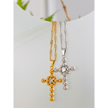 Yhpup Statement Round Beads Cross Pendant Модерна огърлица Унисекс бижута PVD покритие от неръждаема стомана CZ Водоустойчиви бижута