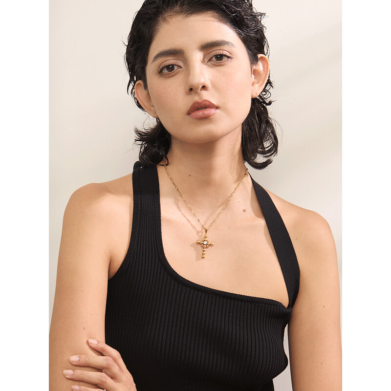 Yhpup Statement Στρογγυλές χάντρες Σταυρός μενταγιόν Μοντέρνο κολιέ Unisex Κοσμήματα PVD επιμεταλλωμένα από ανοξείδωτο ατσάλι CZ Αδιάβροχο μπιζού