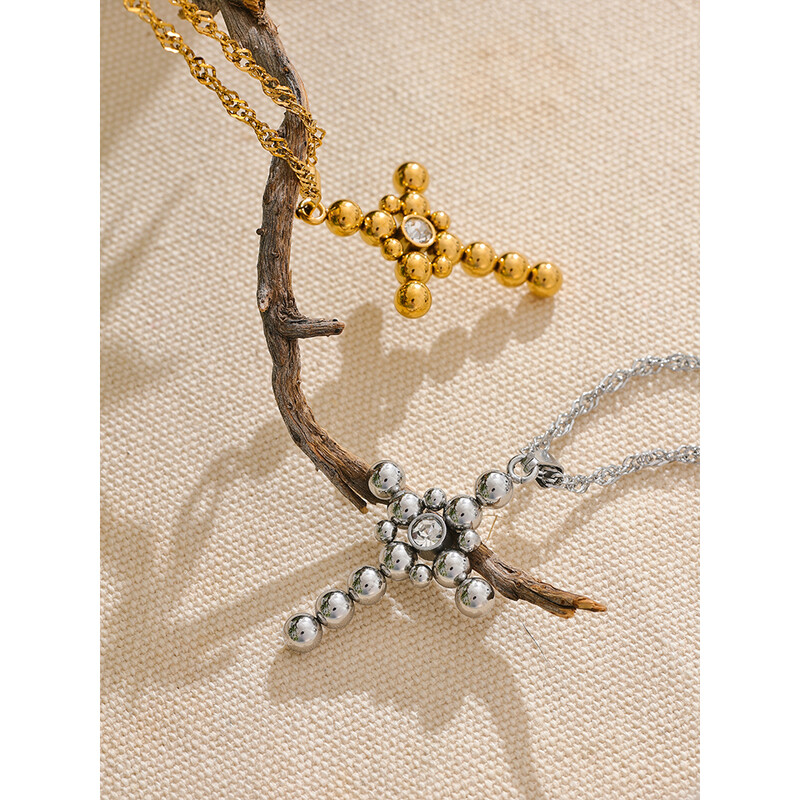 Yhpup Statement Στρογγυλές χάντρες Σταυρός μενταγιόν Μοντέρνο κολιέ Unisex Κοσμήματα PVD επιμεταλλωμένα από ανοξείδωτο ατσάλι CZ Αδιάβροχο μπιζού