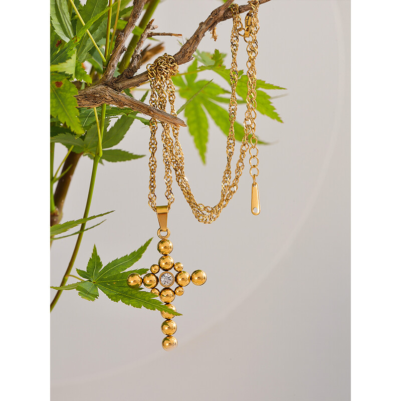 Yhpup Statement Στρογγυλές χάντρες Σταυρός μενταγιόν Μοντέρνο κολιέ Unisex Κοσμήματα PVD επιμεταλλωμένα από ανοξείδωτο ατσάλι CZ Αδιάβροχο μπιζού