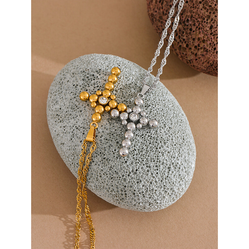 Yhpup Statement Στρογγυλές χάντρες Σταυρός μενταγιόν Μοντέρνο κολιέ Unisex Κοσμήματα PVD επιμεταλλωμένα από ανοξείδωτο ατσάλι CZ Αδιάβροχο μπιζού