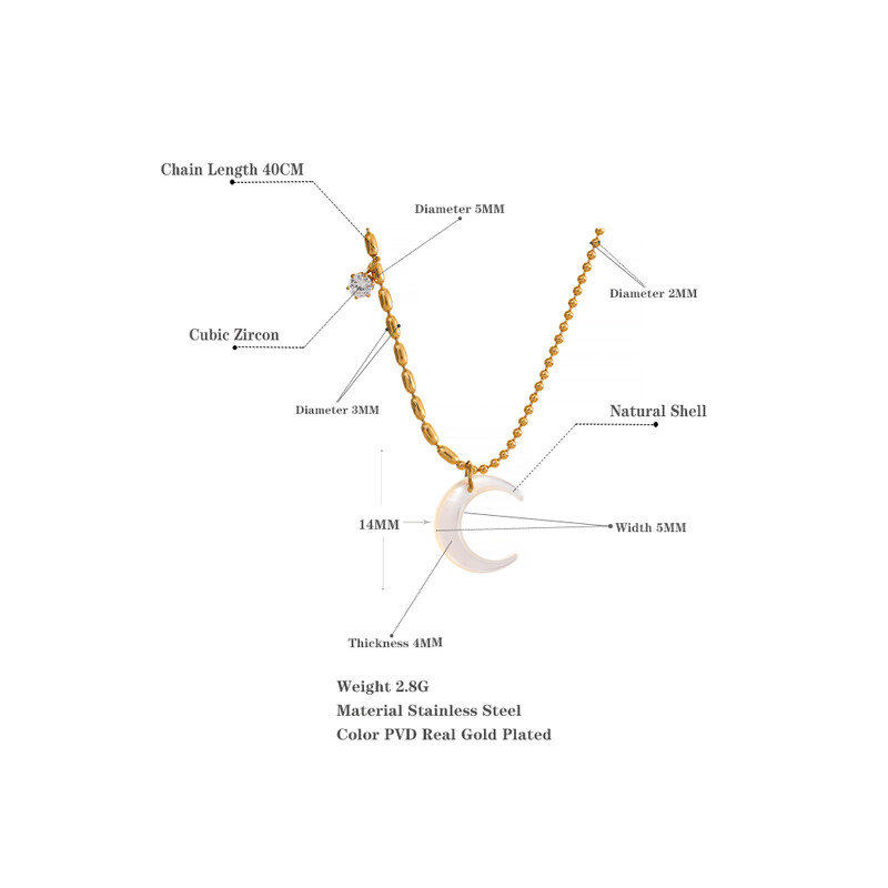 Yhpup Bijela školjka od nehrđajućeg čelika, mjesečev privjesak, šik ogrlica, unikatne perle zlatne boje, lanac, cirkonski ovratnik, šarm, delikatan nakit