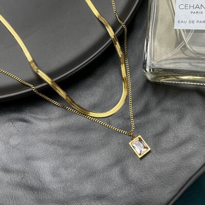 316L rozsdamentes acél új divatos finom ékszerek, 2 rétegű geometria, beágyazott cirkon láncok nyakláncok és medálok nőknek