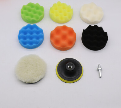 4 hüvelykes autóhullám alakú polírozó szivacsbetét, gyapjúlap, öntapadó betét, összekötő rúd elektromos fúróhoz, összesen 9 részes készlet