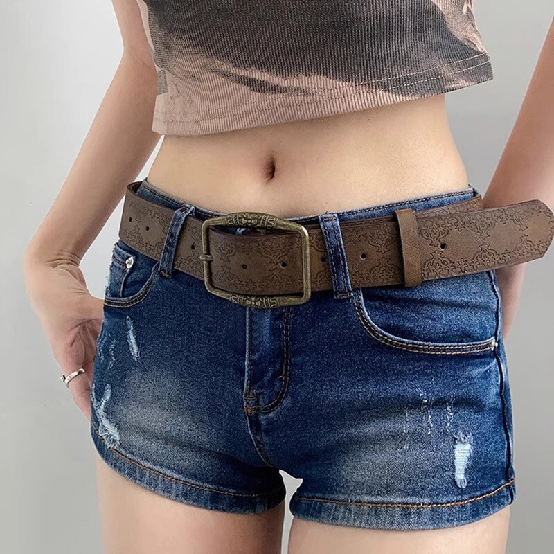 1 kom smeđi remen s cvjetnim reljefom, vintage američki Y2K stil, DistressedDenim dodatak, ležerni etnički umjetnički kožni remeni za W