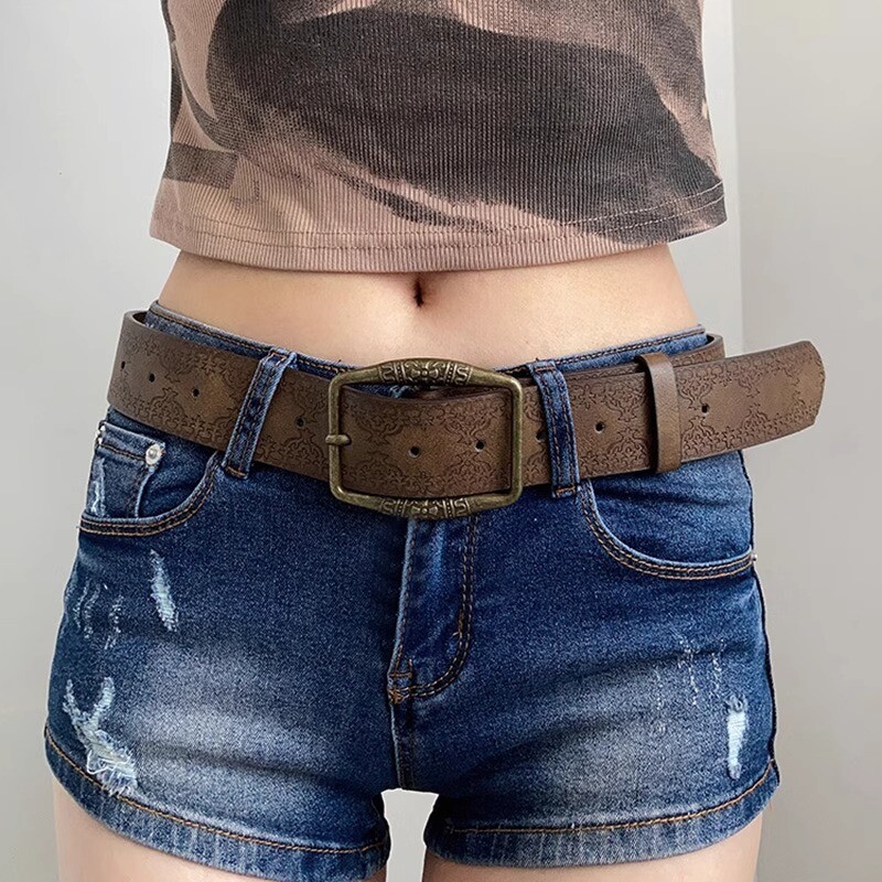 1 kom smeđi remen s cvjetnim reljefom, vintage američki Y2K stil, DistressedDenim dodatak, ležerni etnički umjetnički kožni remeni za W