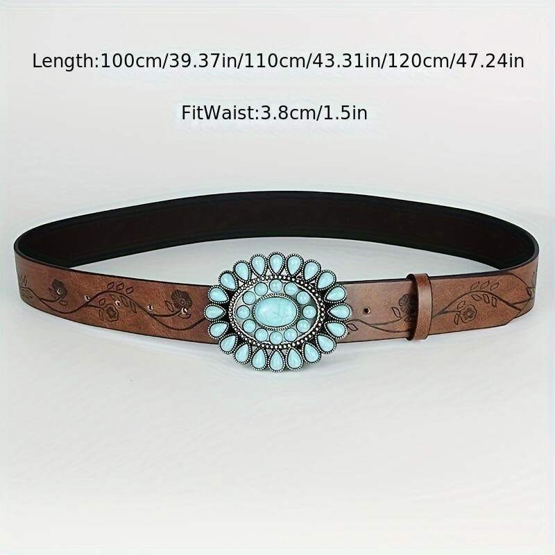 Doamnele poartă centura clasică occidentală, piele PU în relief maro, curea ovală cu cataramă turcoaz în stil boem