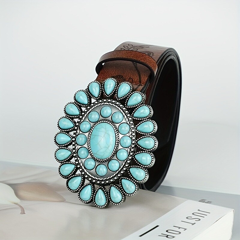 Doamnele poartă centura clasică occidentală, piele PU în relief maro, curea ovală cu cataramă turcoaz în stil boem