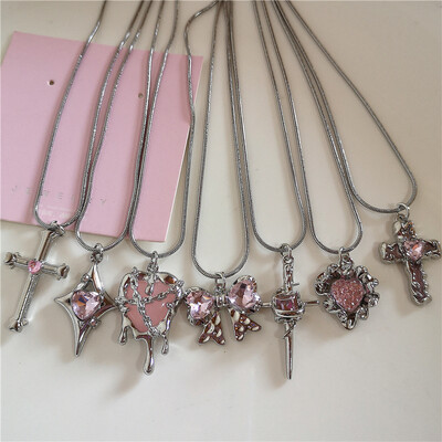 Kpop Vintage Pink Heart Bowknot Privjesak Ogrlica sa zmijskim lancem od nehrđajućeg čelika Girl Goth Y2k Aesthetic Rave Jewelry Accessories
