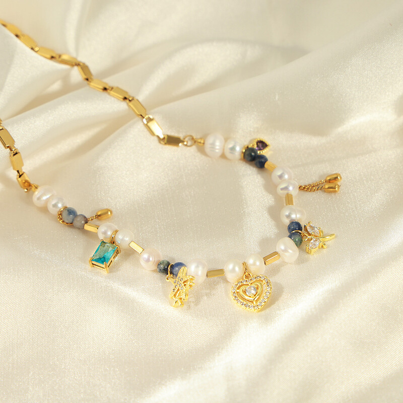 Természetes édesvízi gyöngy nyaklánc rozsdamentes acél természetes kő gyöngyök szív lánc ékszer kiegészítők lánynak ajándék