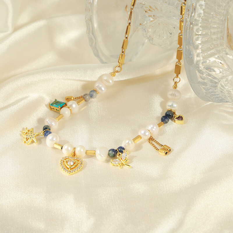 Természetes édesvízi gyöngy nyaklánc rozsdamentes acél természetes kő gyöngyök szív lánc ékszer kiegészítők lánynak ajándék