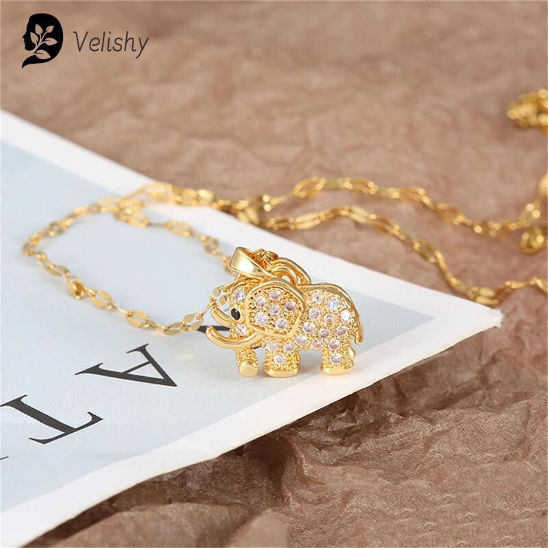 Colier cu pandantiv elefant din zirconiu cubic de lux pentru femei, lanț din oțel inoxidabil, declarație estetică, bijuterii vintage pentru fete cadou