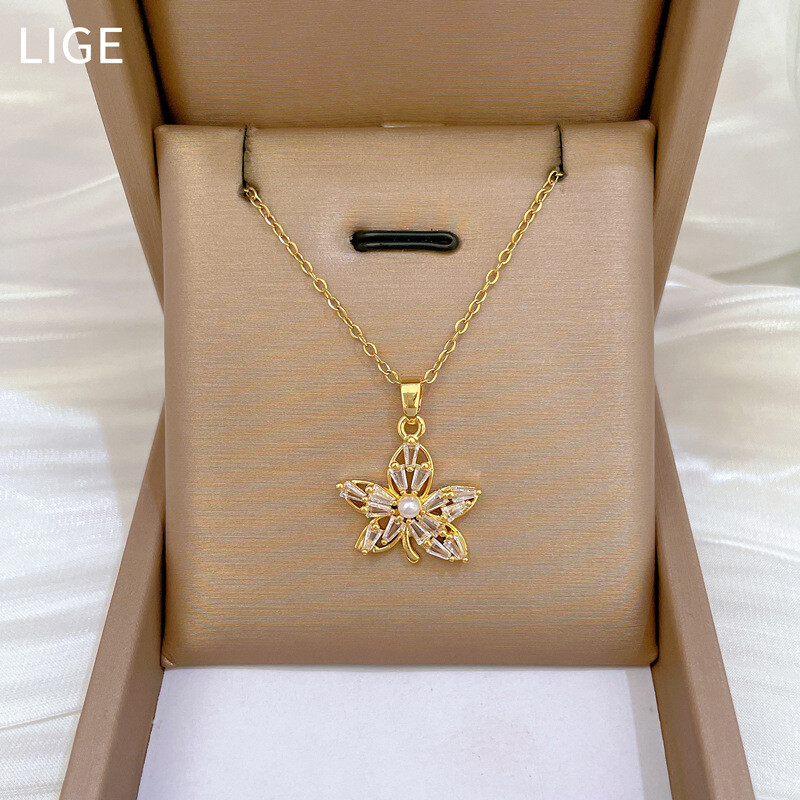 Klasikinis mikro inkrustuotas temperamento perlas Puošnus klevo lapas, naujas karoliai auskarų rinkinys Madingi mergaičių žavesio aksesuarai nerūdijančio plieno