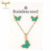 Πολυτελή, επώνυμα, γυναικεία σετ κοσμημάτων με πράσινη πεταλούδα, χρυσά σκουλαρίκια από ανοξείδωτο ατσάλι, κρεμαστά κολιέ με αλυσίδα