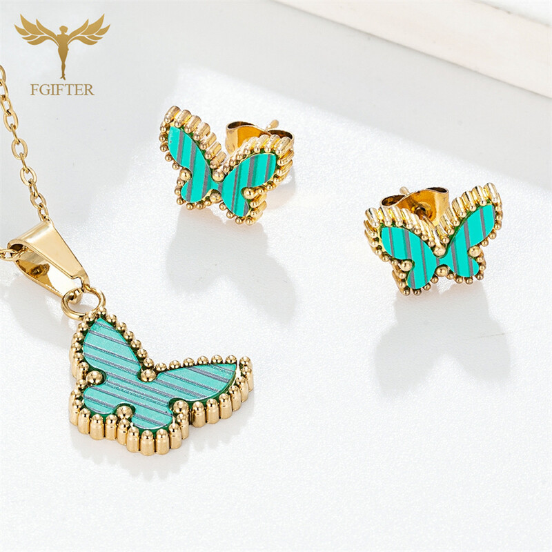 Πολυτελή, επώνυμα, γυναικεία σετ κοσμημάτων με πράσινη πεταλούδα, χρυσά σκουλαρίκια από ανοξείδωτο ατσάλι, κρεμαστά κολιέ με αλυσίδα