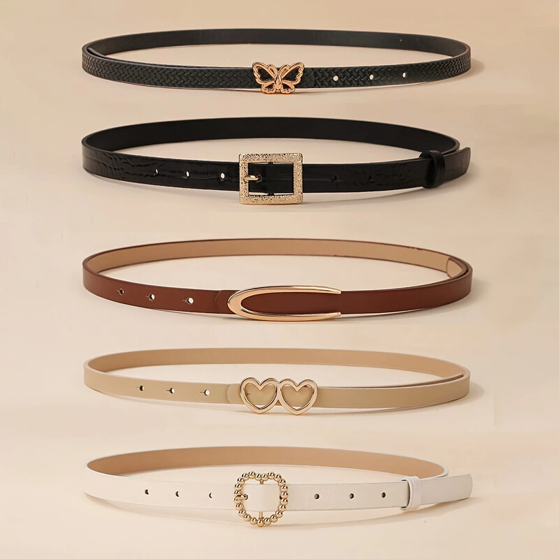 5 dalių kombinuotas moteriškas diržas su metaline dekoratyvine sagtimi, madingas ir universalus mažas diržas