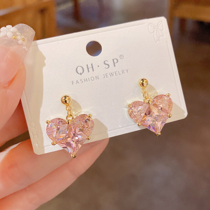 Divat aranyos rózsaszín szív nyaklánc fülbevaló készlet klasszikus fülbevaló sokoldalú egyszerű esküvői kulcscsont lánc