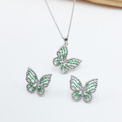 Rozsdamentes acél lánc zöld cirkon pillangó medál nyaklánc fülbevaló ékszer szett nőknek antiallergén kulcscsont gallér ajándék