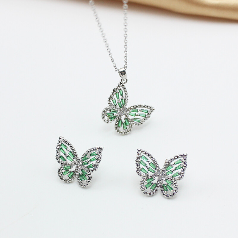Rozsdamentes acél lánc zöld cirkon pillangó medál nyaklánc fülbevaló ékszer szett nőknek antiallergén kulcscsont gallér ajándék