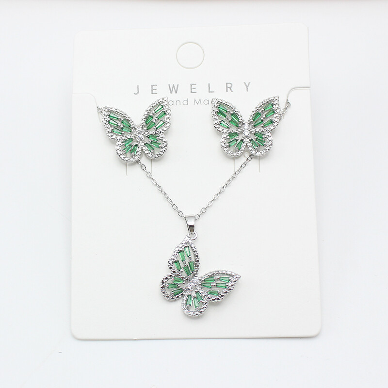 Rozsdamentes acél lánc zöld cirkon pillangó medál nyaklánc fülbevaló ékszer szett nőknek antiallergén kulcscsont gallér ajándék