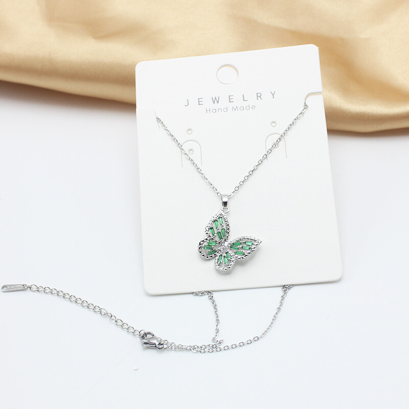 Rozsdamentes acél lánc zöld cirkon pillangó medál nyaklánc fülbevaló ékszer szett nőknek antiallergén kulcscsont gallér ajándék