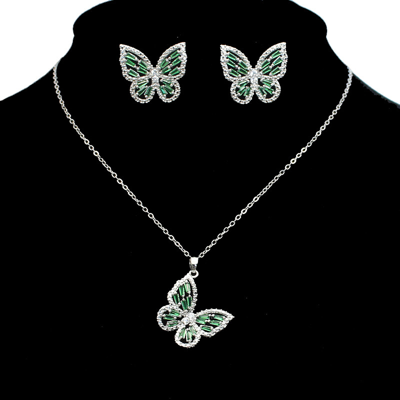 Rozsdamentes acél lánc zöld cirkon pillangó medál nyaklánc fülbevaló ékszer szett nőknek antiallergén kulcscsont gallér ajándék