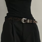 Curea de damă cu imprimeu maro cu leopard, la modă, ocazională, versatilă, blugi, accesorii pentru rochie, design retro gotic, cu cataramă.