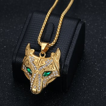 Hip Hop Iced Out Viking Wolf Head μενταγιόν Ανδρικό χρυσό χρώμα κολιέ ζώων από ανοξείδωτο ατσάλι για άνδρες Norse Talisman κοσμήματα