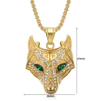 Hip Hop Iced Out Viking Wolf Head μενταγιόν Ανδρικό χρυσό χρώμα κολιέ ζώων από ανοξείδωτο ατσάλι για άνδρες Norse Talisman κοσμήματα