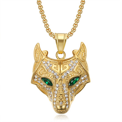 Хип-хоп Iced Out висулка с глава на вълк на викинг, мъжко колие със златен цвят от неръждаема стомана с животни за мъже, скандинавски талисман, бижута
