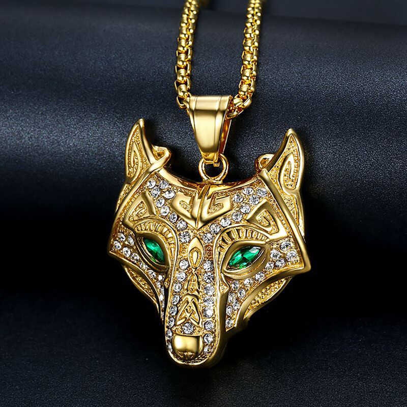 Hip Hop Iced Out Viking Wolf Glava Privjesak Muška zlatna ogrlica od nehrđajućeg čelika Životinja za muškarce Norveški talisman nakit