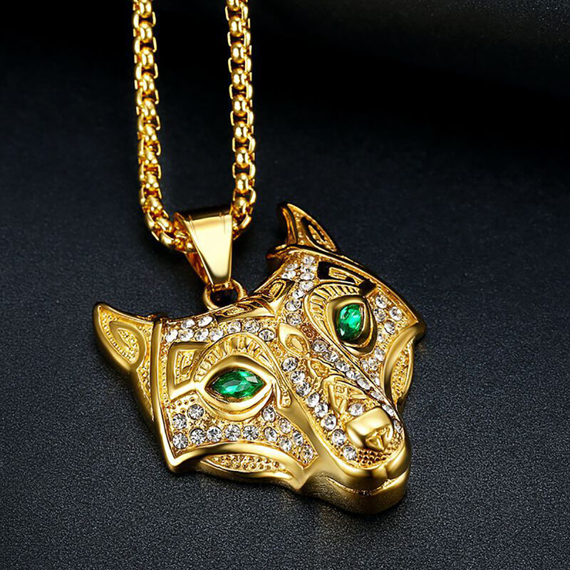Hip Hop Iced Out Viking Wolf Glava Privjesak Muška zlatna ogrlica od nehrđajućeg čelika Životinja za muškarce Norveški talisman nakit