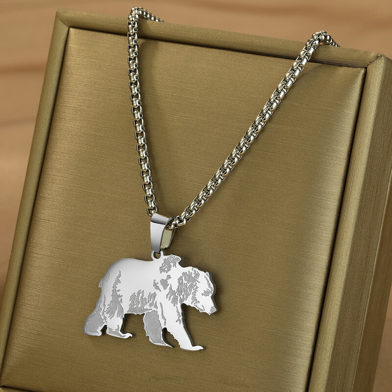 CHENGXUN rozsdamentes acél Grizzly Bear dísz medál nyaklánc észak-amerikai barna medve karácsonyi dísz férfiaknak és nőknek