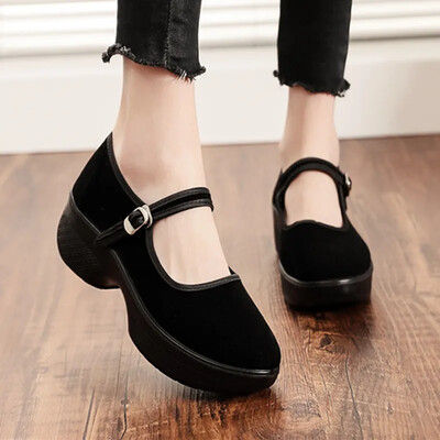 Dámske vysoko kvalitné čierne platformové pohodlné flock tanečné topánky, dámske retro čínske štýlové jarné a letné topánky, Zapatos Mujer A105