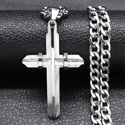 Colier lung Crucifix bărbătesc pentru bărbați, din oțel inoxidabil, placat cu aur, coliere lungi creștine, bijuterii pentru motociclist N2341S03