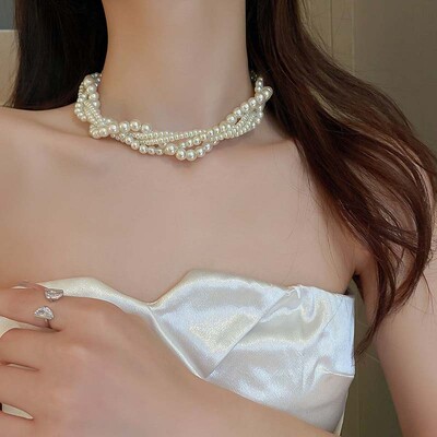 Vintage többrétegű Pearl Choker nyakláncok nőknek Elegáns gyöngyutánzat csavart nyakú lánc nyaklánc esküvői menyasszonyi ékszerek