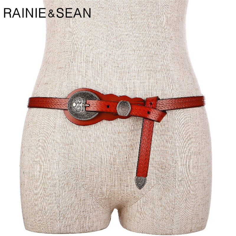 RAINIE SEAN Vintage övek nőknek Cowskin deréköv Valódi bőr barna szegecs Kiváló minőségű márkájú női öv 105cm 110cm 115cm