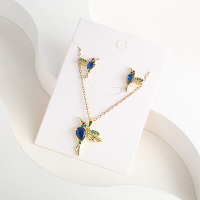 Класическо колие с висулка от кристал Колибри Комплект обеци 7 цвята Цирконий Животно Птиче Колие Момиче Парти Рожден ден Сватбен подарък