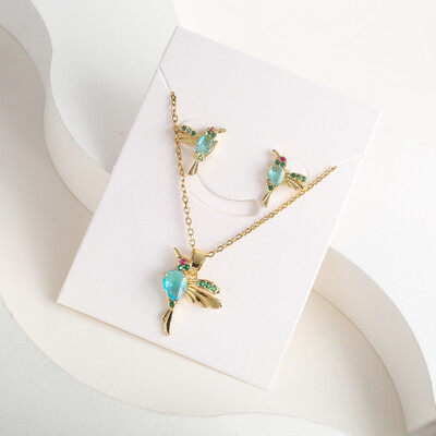 Класическо колие с висулка от кристал Колибри Комплект обеци 7 цвята Цирконий Животно Птиче Колие Момиче Парти Рожден ден Сватбен подарък